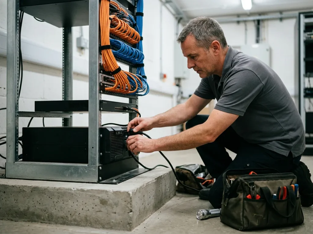 IT security technician checking a battery backup unit under a firewall in a network rack raised on a concrete plinth at a dealership
