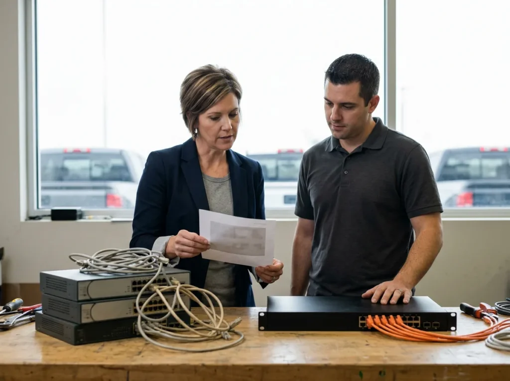 Operations manager and IT engineer at a workbench comparing three old network switches with one new switch and orange patch cables