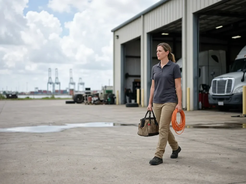 IT field technician carrying a tool bag and a coil of orange network cable toward the service bays of a heavy truck dealership near the Houston ship channel