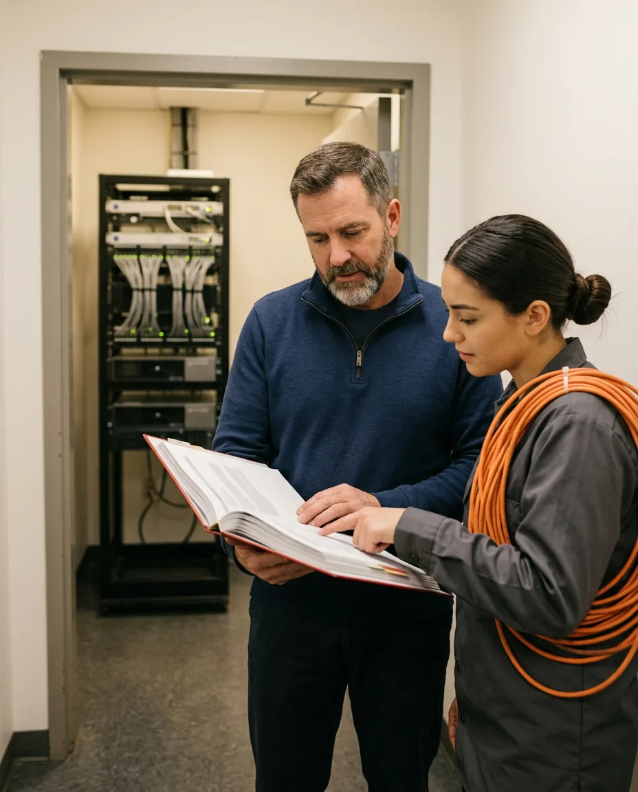 Dealership in-house IT manager and a field technician reviewing a printed binder together outside a network room