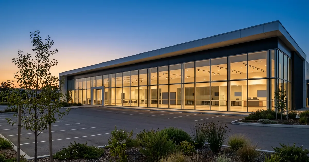 Modern car dealership showroom building at dusk with its glass front lit warmly and an empty parking lot