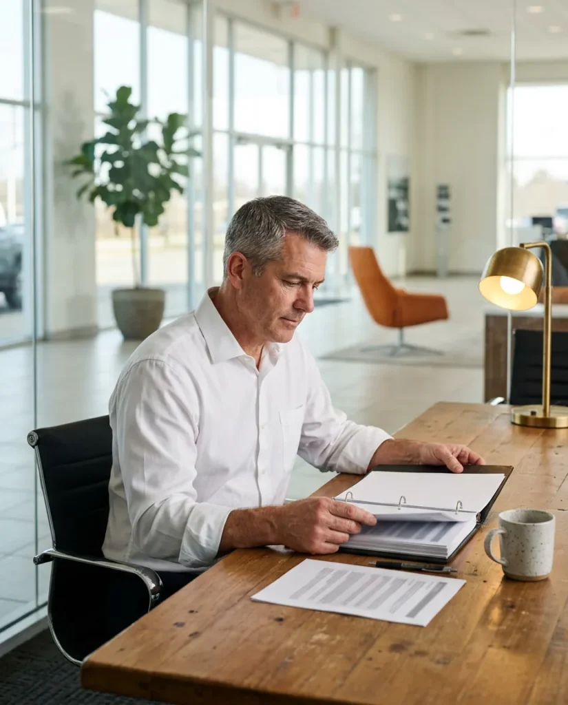 Dealership general manager reading a printed incident response plan in a ring binder at a wooden table in a glass-walled office beside the showroom