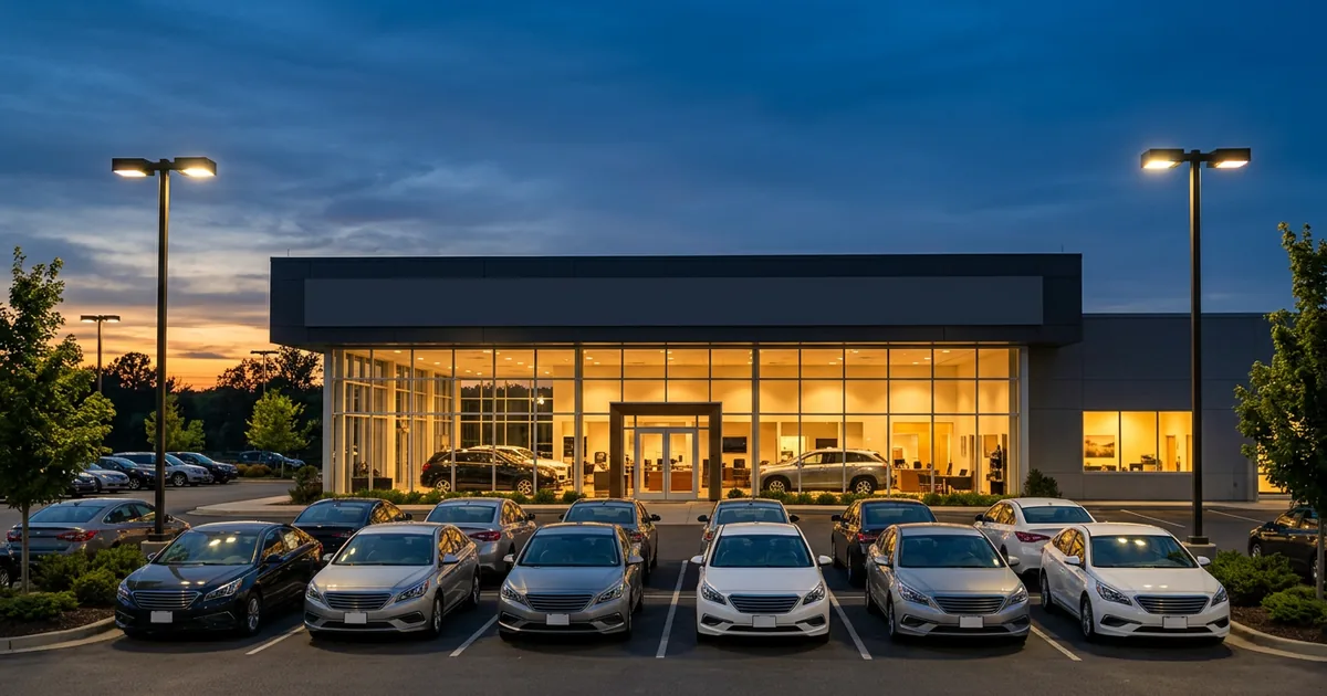 Car dealership at dusk with lights on in the showroom and one back office, a row of new cars in the lot under tall lights