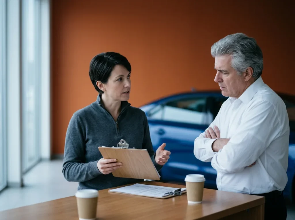 Security engineer holding a clipboard and briefing a dealership general manager beside a sales desk in an empty showroom early in the morning