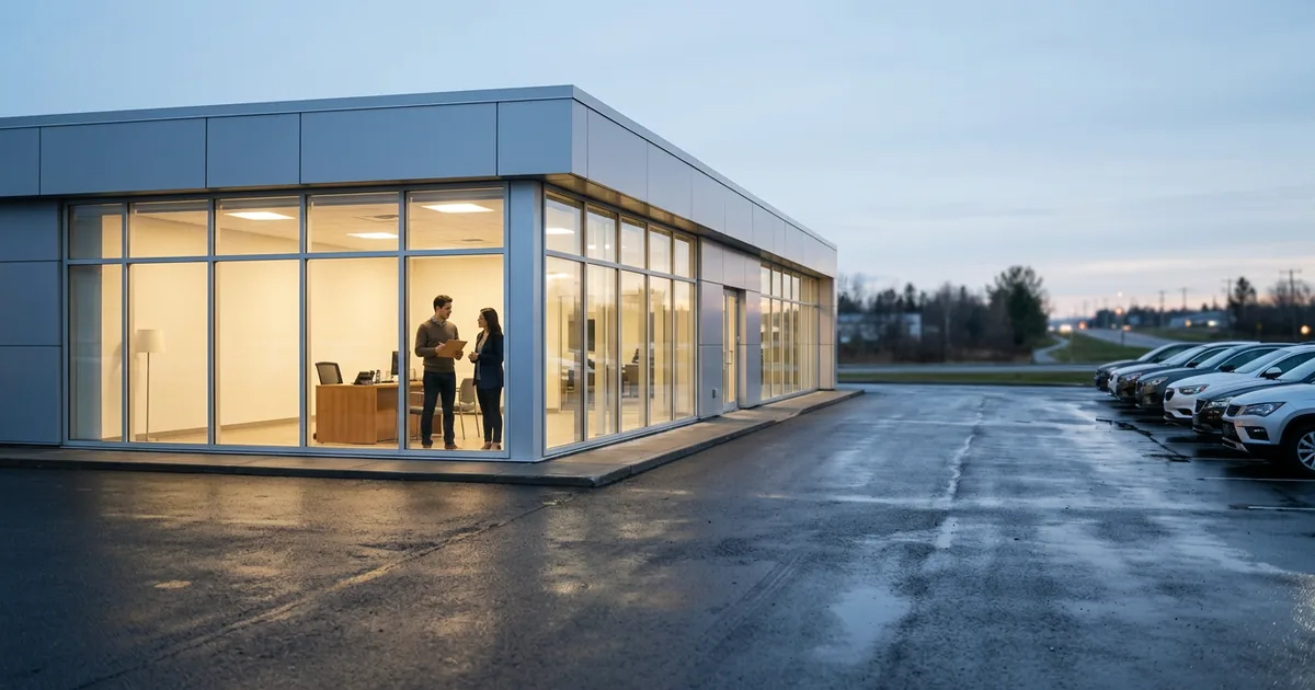 Dealership showroom lit from inside at dawn with two people talking beside a sales desk and cars parked on a wet lot