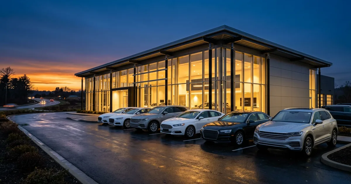 Modern car dealership showroom exterior at dusk with glass walls lit from inside and new cars parked out front