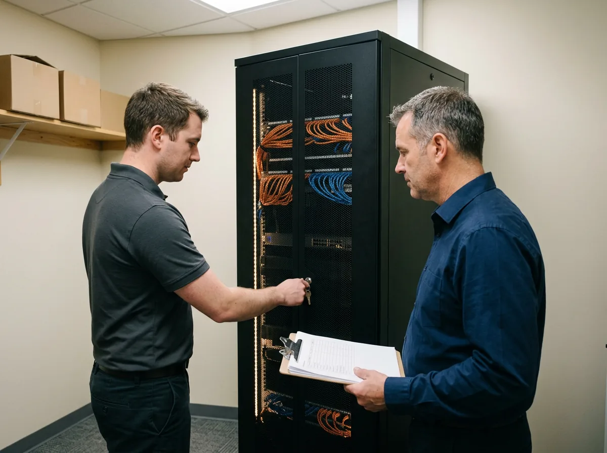 IT technician unlocking a network cabinet with a key in a car dealership back office while a manager holds a paper inventory list