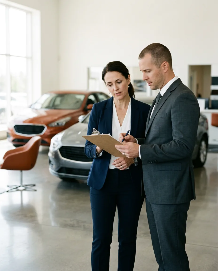 Car dealership general manager and an information security auditor reviewing a printed checklist on a clipboard in a bright showroom
