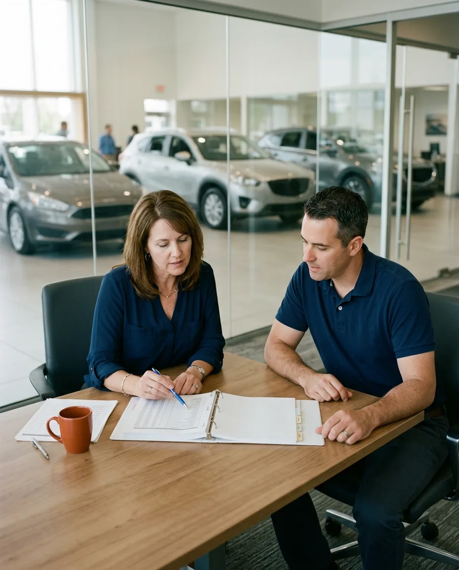 Dealership controller and IT manager reviewing a printed security policy binder and paper checklists at a conference table