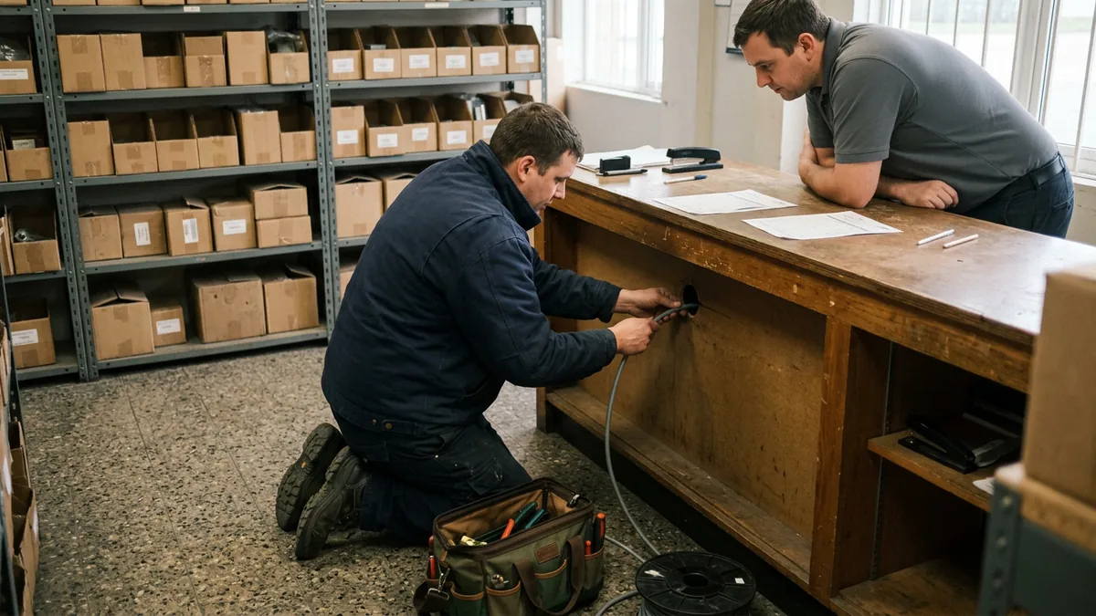 IT field technician running a cable through the back of a dealership parts counter while a parts employee watches