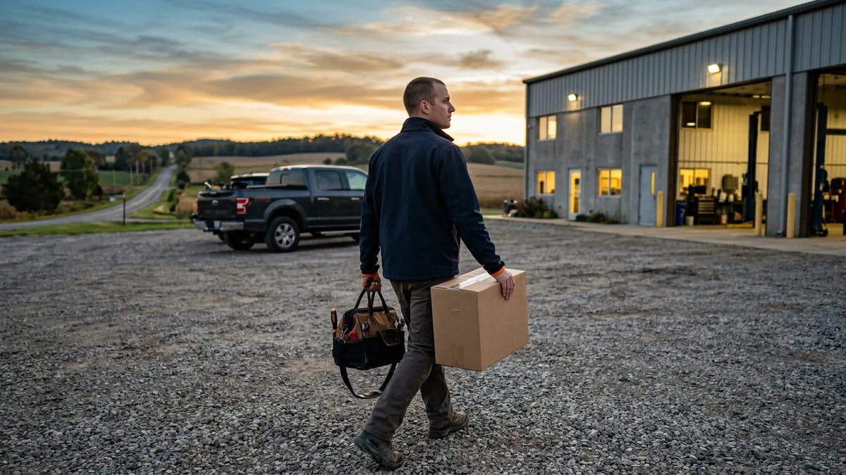 IT field technician carrying a boxed replacement part into a remote heavy truck dealership branch at dawn