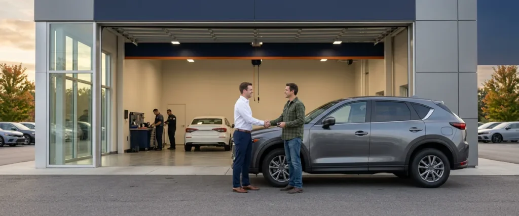Service advisor shaking hands with a customer beside an SUV at an open dealership service bay in the morning