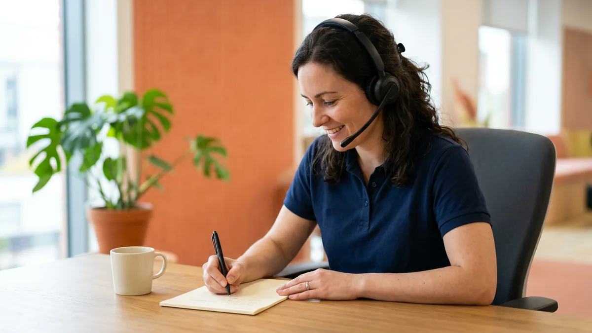 IT service desk technician wearing a headset and taking notes during a dealership support call