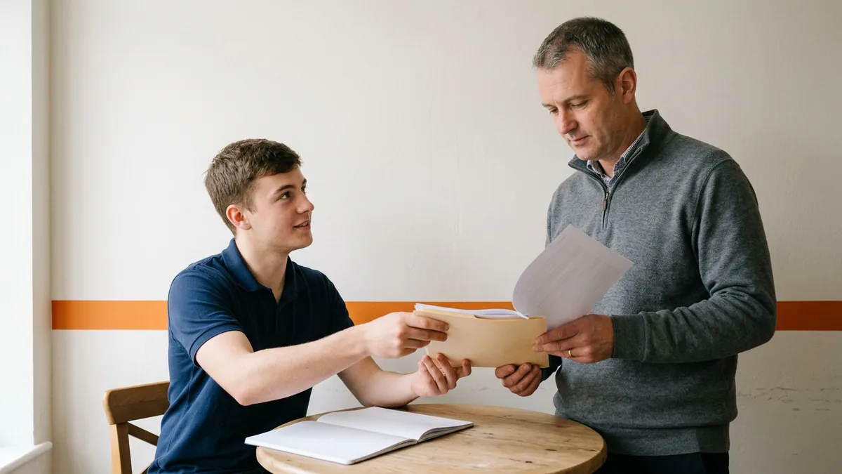Service desk technician handing printed ticket notes to a senior engineer during an IT support escalation