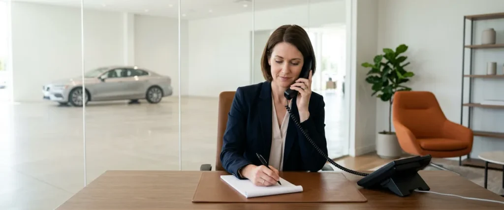 Dealership business office manager on the phone with the IT help desk, taking notes at her desk beside the showroom