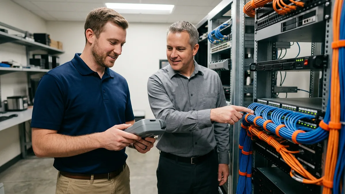 IT field technician and dealership IT manager labeling network cables together in a store network closet