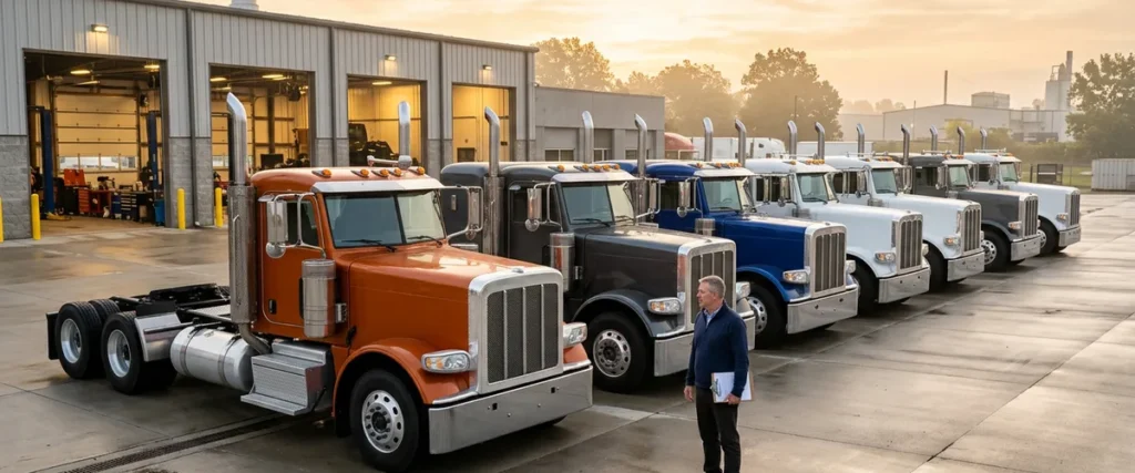 Truck dealership general manager holding a printed checklist beside a row of long-nose Class 8 trucks outside the service shop at sunrise