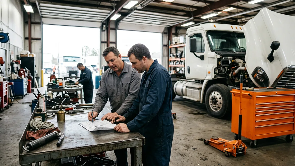 Heavy truck dealership service manager and technician reviewing a printed repair order at a shop workbench with a truck under repair behind them