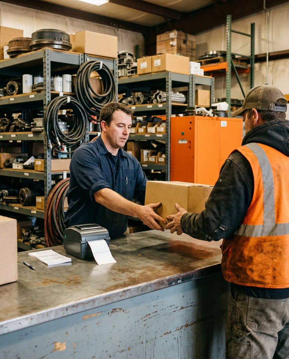 Parts counterperson at a heavy truck dealership sliding a parts box to a driver, with a label printer and printed pick tickets on the steel counter