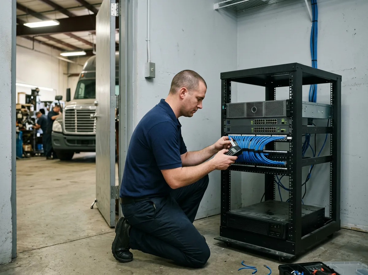 IT technician labeling patch cables beside a server rack and backup power supply in a heavy truck dealership network closet