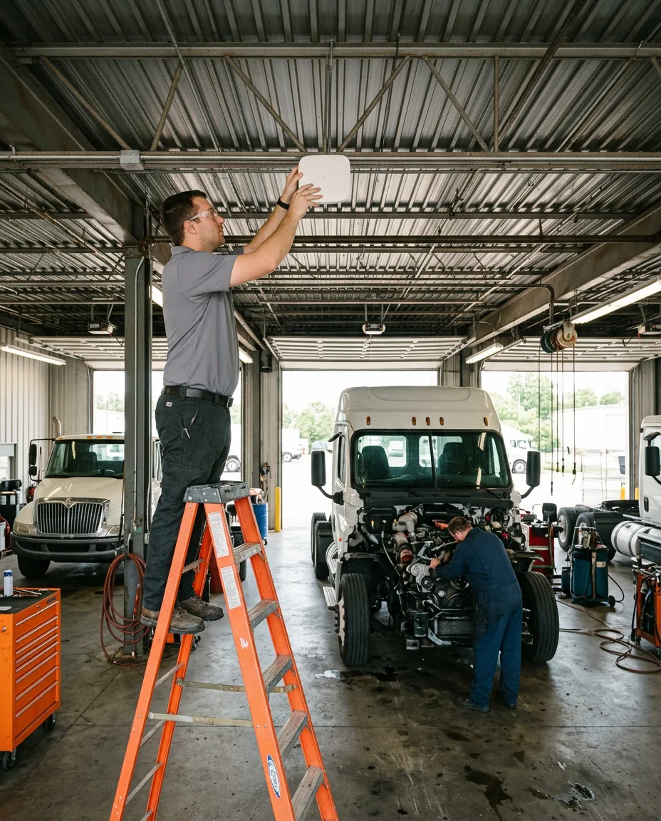 IT technician mounting a wireless access point to a steel truss above a semi tractor in a heavy truck service bay