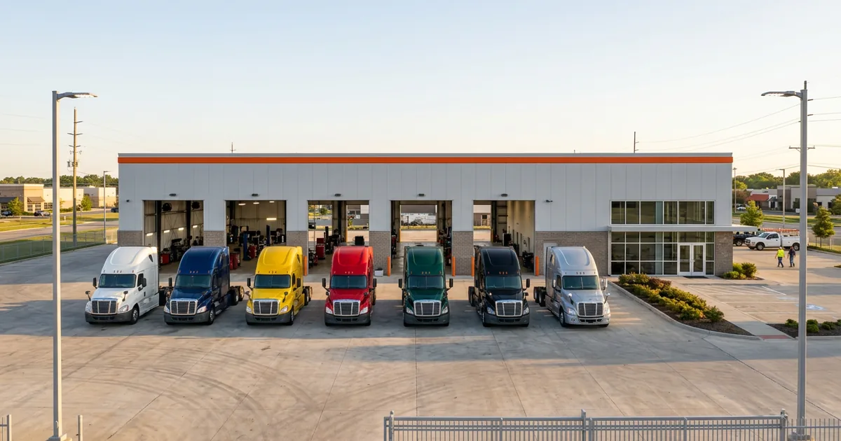 Heavy truck dealership service building in the early morning with bay doors open and semi tractors parked on the apron