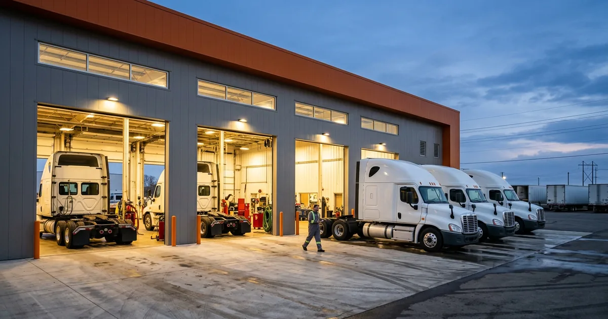 Heavy truck dealership service building at dusk with lit service bays and semi tractors parked on the apron