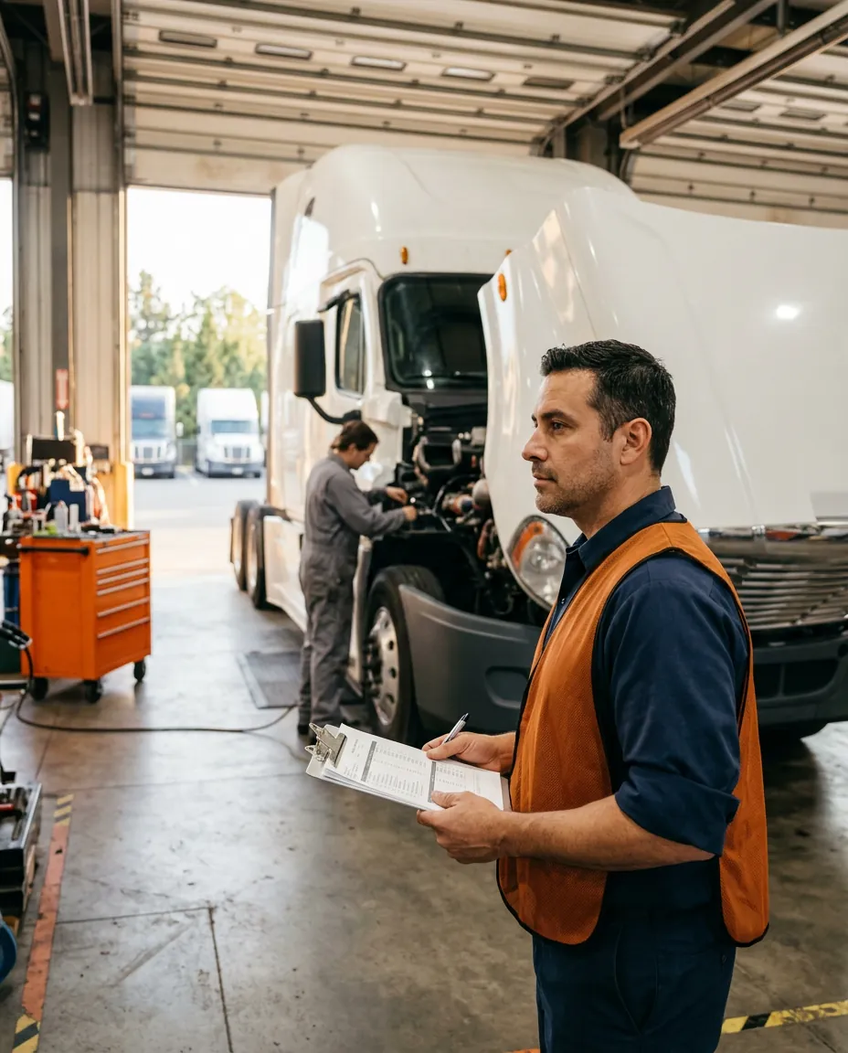 Heavy truck dealership service manager holding a printed repair order beside a semi tractor in a service bay