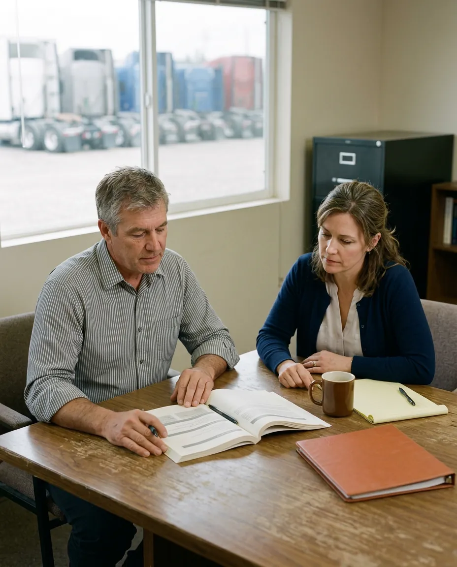 Truck dealer principal and controller reviewing a printed DMS proposal at a conference table with semi tractors outside the window