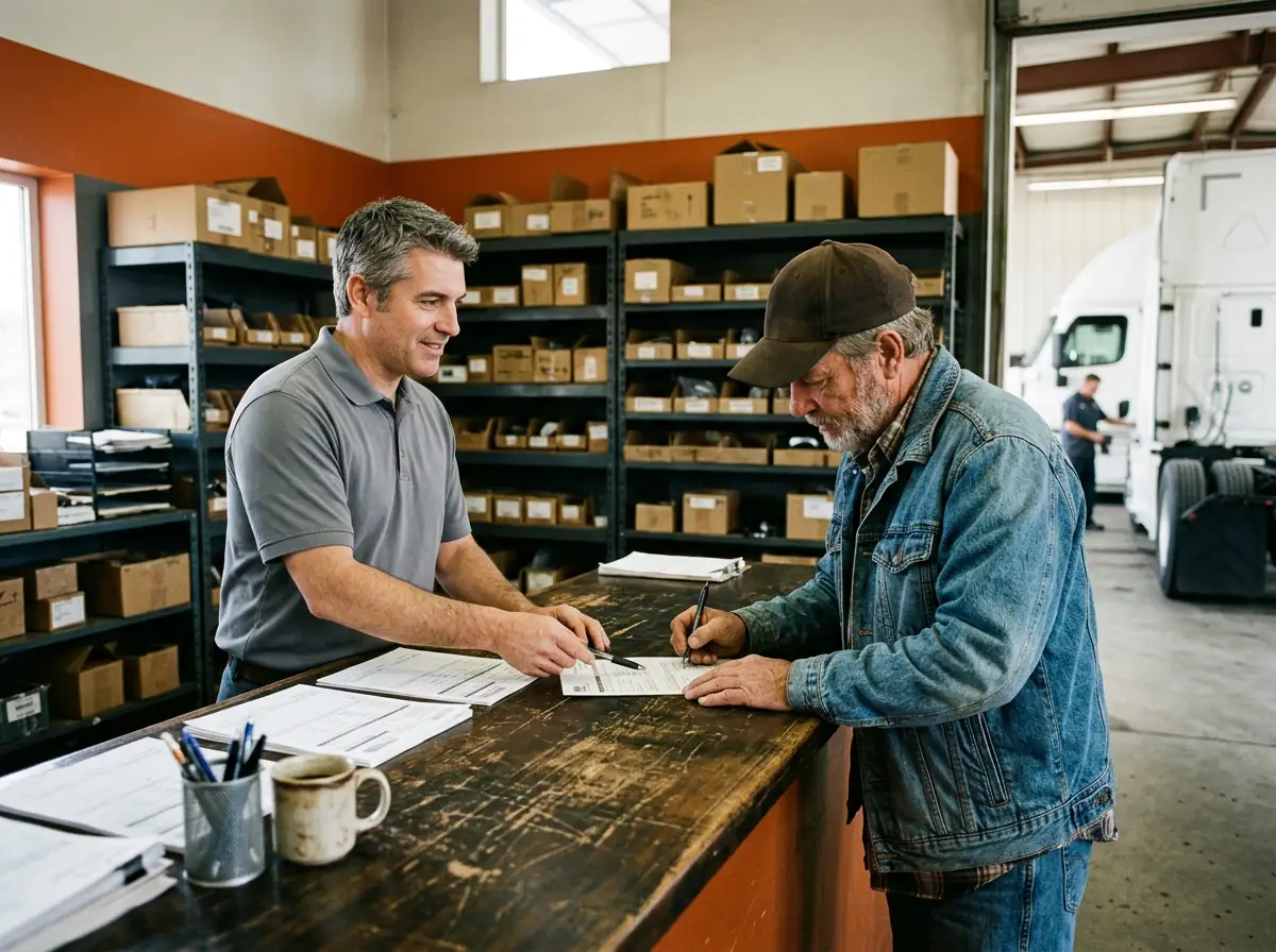 Service advisor handing a printed work order to a truck driver who signs it at a heavy truck dealership service counter