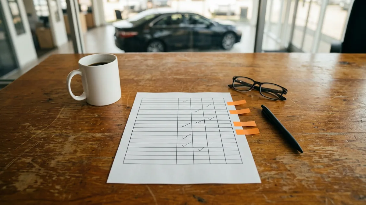Grid worksheet with check marks on a dealership conference table, used to map what each AI tool can reach