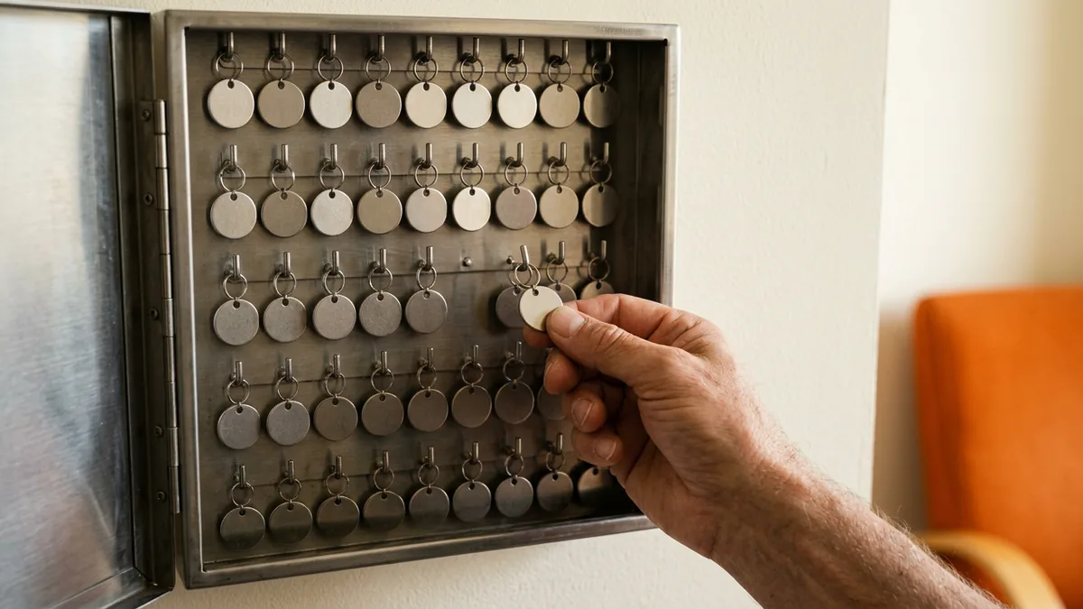 Hand lifting a single tag from a full dealership key cabinet, a picture of least-privilege access where each user gets only what the job needs