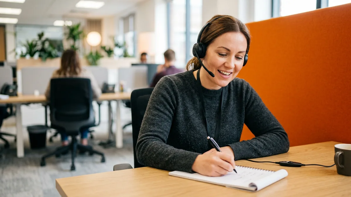 Helion service desk technician on a headset taking notes while handling a dealership request to connect an AI tool