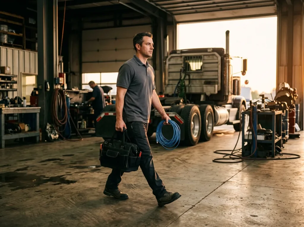 IT field technician carrying a tool bag and network cable through a heavy truck dealership service bay