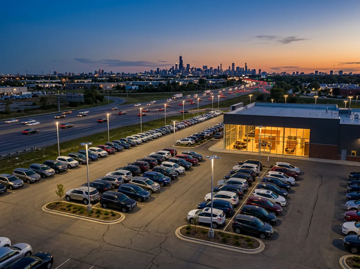 Franchised car dealership at dusk beside a highway on the edge of a major U.S. metro