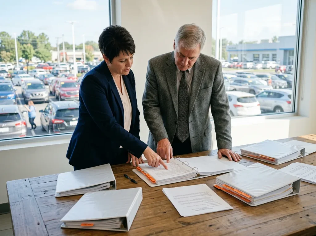 Two dealership managers reviewing tabbed policy binders in an office overlooking the dealership lot