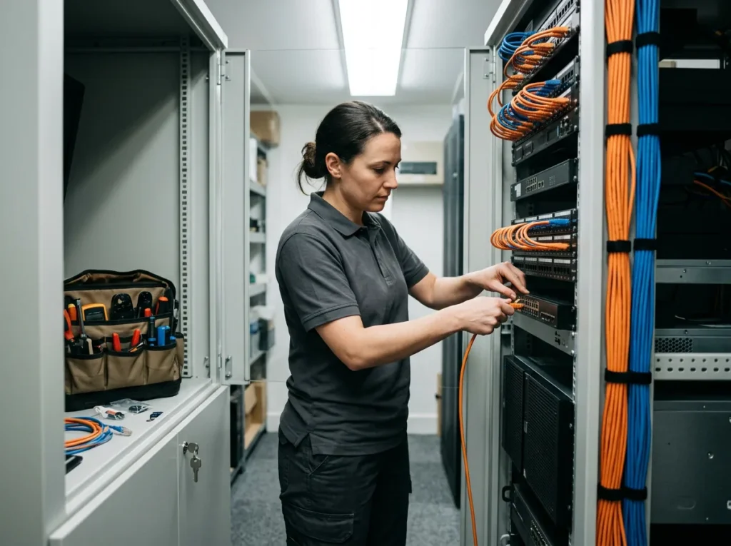 IT security technician plugging an orange patch cable into a network switch in the equipment rack of a car dealership