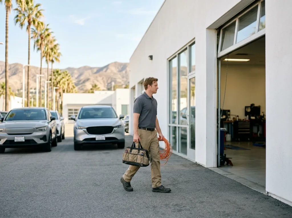 IT field technician carrying a tool bag and a coil of orange network cable toward the service drive of a car dealership in Los Angeles, with palm trees and hills behind the lot