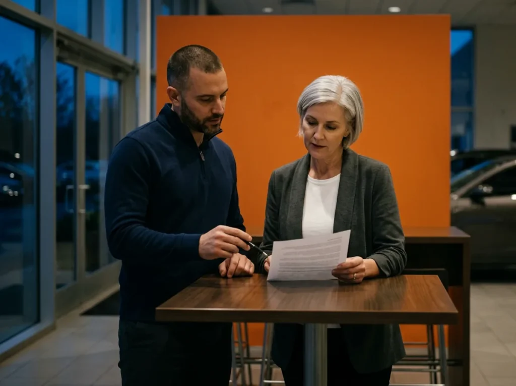 IT security engineer pointing at a printed page while a dealership general manager reads it at a high table in the showroom after closing
