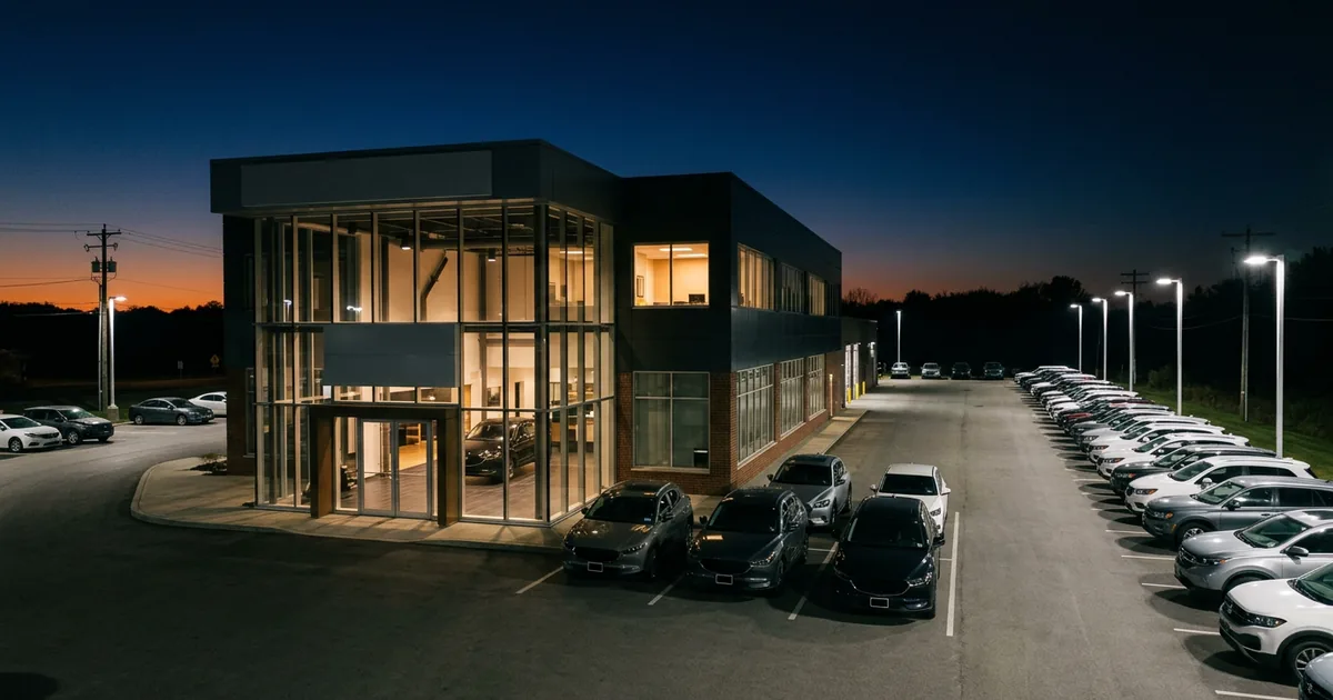 Modern car dealership at night with the glass showroom and one upstairs office lit and rows of cars under lot lights