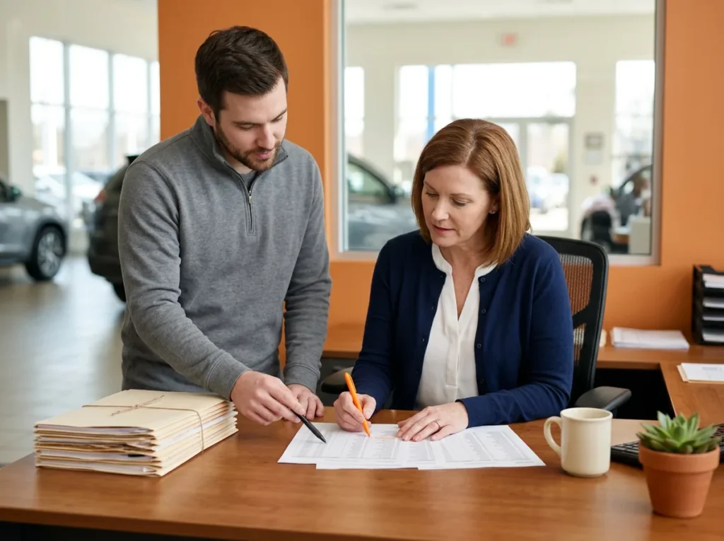 IT engineer pointing at a printed list of staff accounts while a dealership controller marks a line with an orange pen at her desk beside the showroom