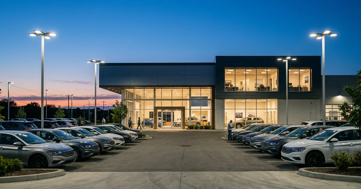 Modern car dealership at blue hour with the showroom and second-floor offices lit and rows of cars on the lot