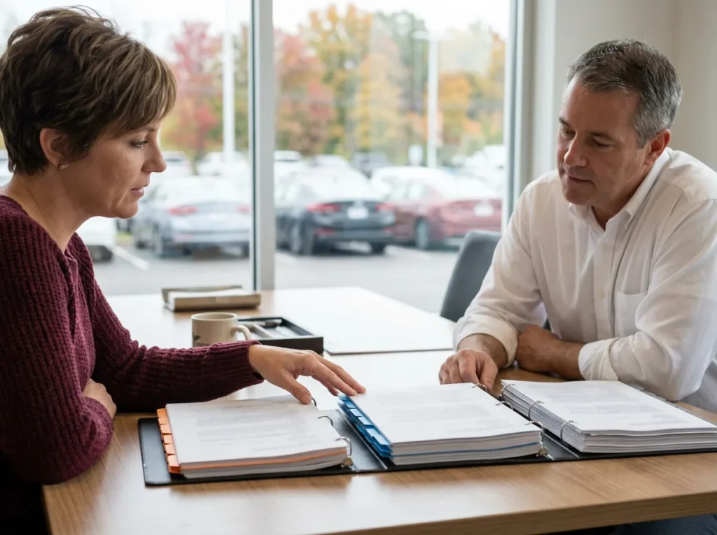Dealership controller and general manager comparing three tabbed policy binders at a conference table overlooking the lot