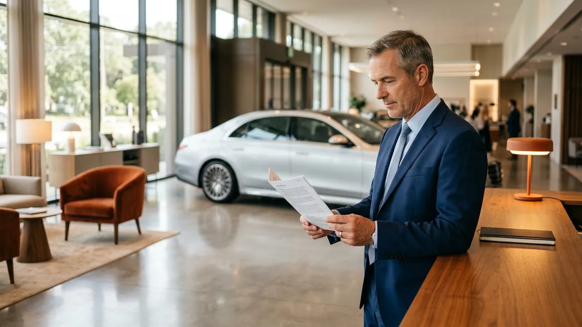 Dealer principal in a luxury car showroom reading a printed automaker security guideline after the Mercedes-Benz dealer ISO 27001 and TISAX deadline