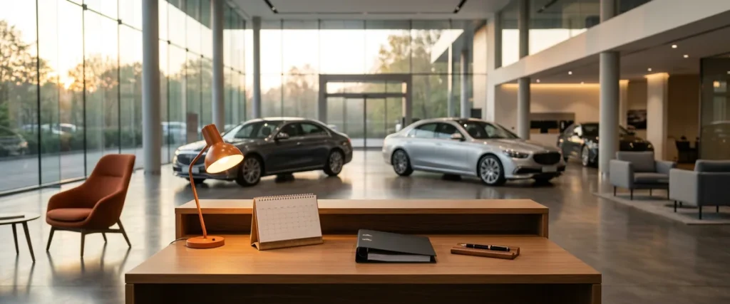 Luxury car dealership showroom with a desk calendar and binder on the reception desk, representing the Mercedes-Benz dealer ISO 27001 and TISAX deadline that has passed