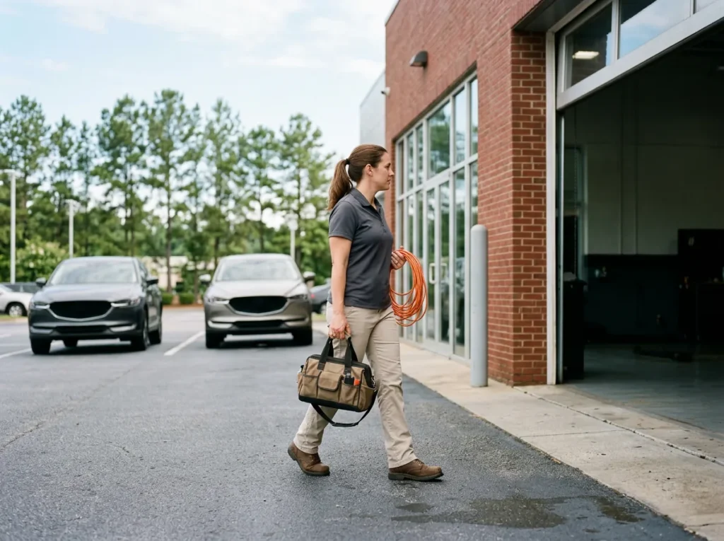 IT field technician carrying a tool bag and a coil of orange network cable toward the service drive of a brick car dealership in suburban Atlanta