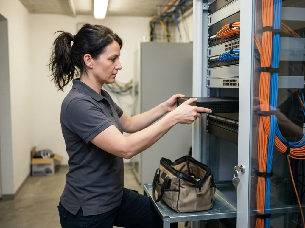 IT security technician sliding a firewall appliance into a network rack with orange and blue patch cables at a car dealership