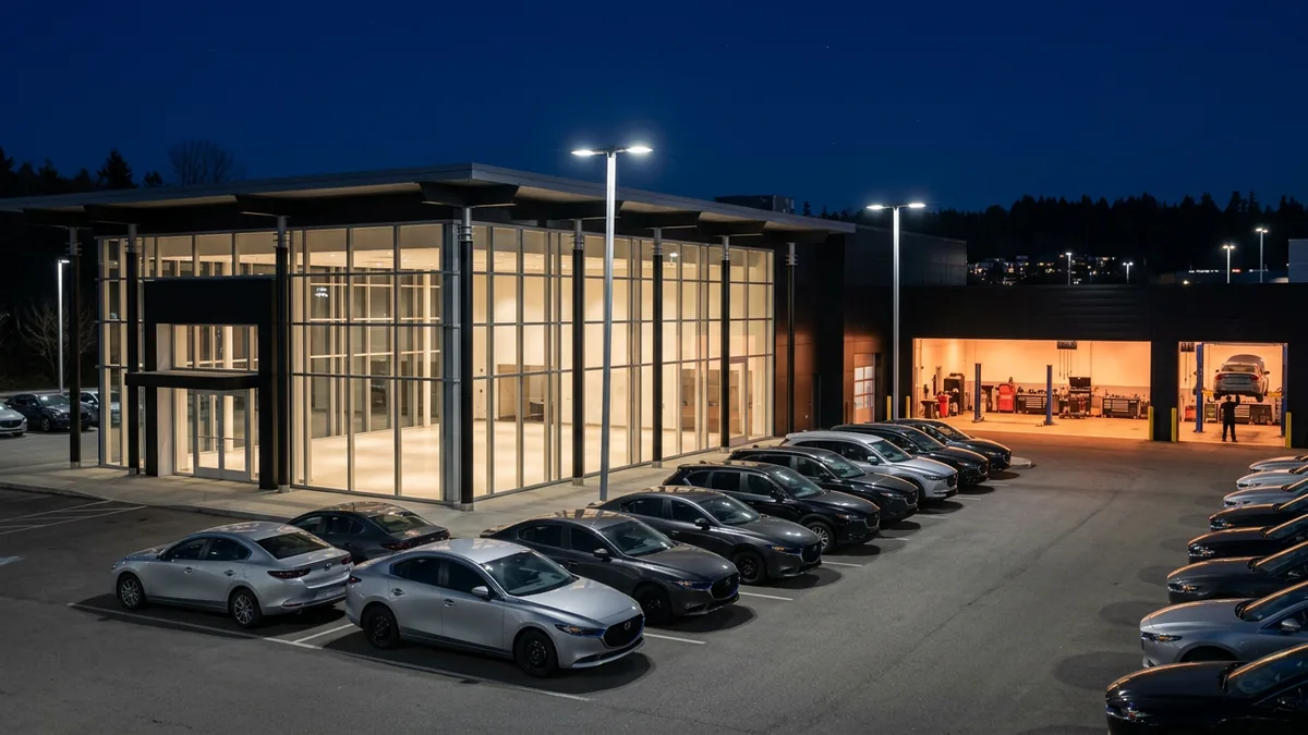 Empty car dealership showroom at night, showing the after-hours gap that Microsoft 365 Business Premium security does not monitor on its own