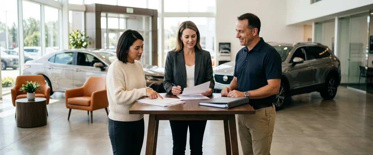 Dealership general manager, service director and office manager reviewing Microsoft 365 Business Premium security coverage together in a showroom