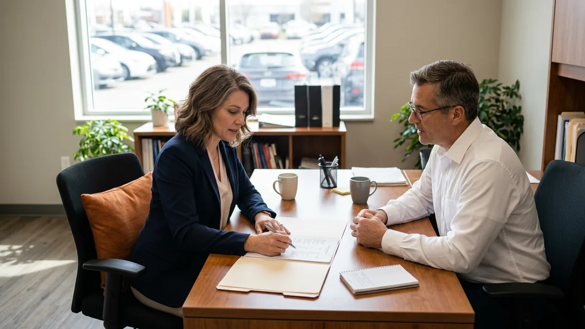 Dealership controller and general manager reviewing a printed staff access list while planning Microsoft 365 Business Premium security settings